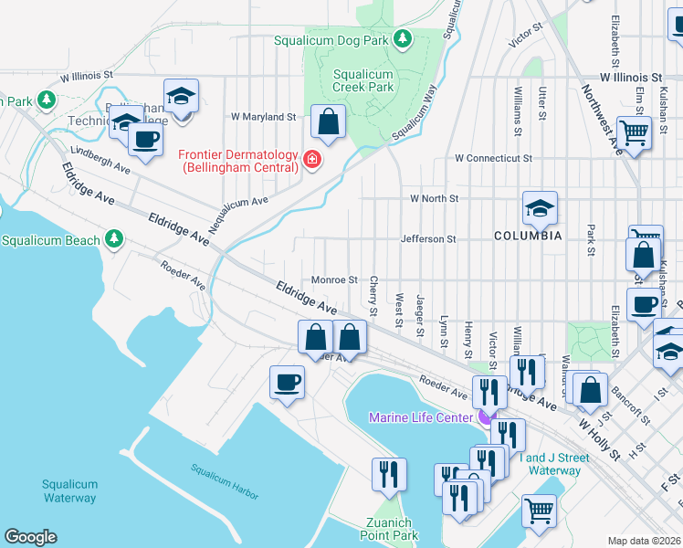 map of restaurants, bars, coffee shops, grocery stores, and more near 2400 Keesling Street in Bellingham