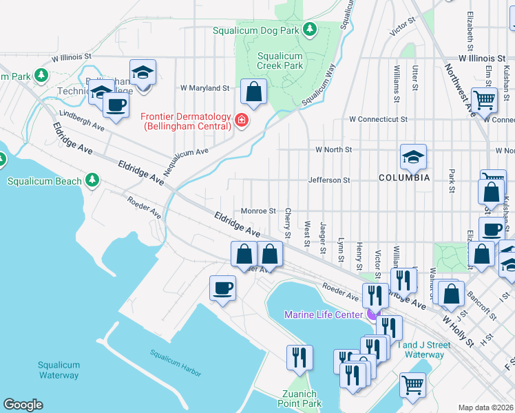 map of restaurants, bars, coffee shops, grocery stores, and more near 2405 Spruce Street in Bellingham
