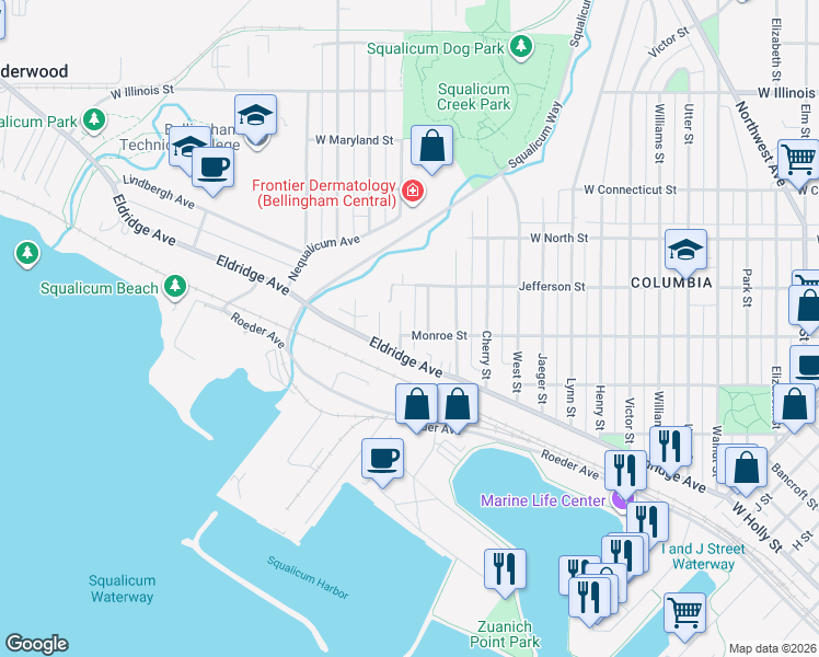 map of restaurants, bars, coffee shops, grocery stores, and more near 2405 Spruce Street in Bellingham