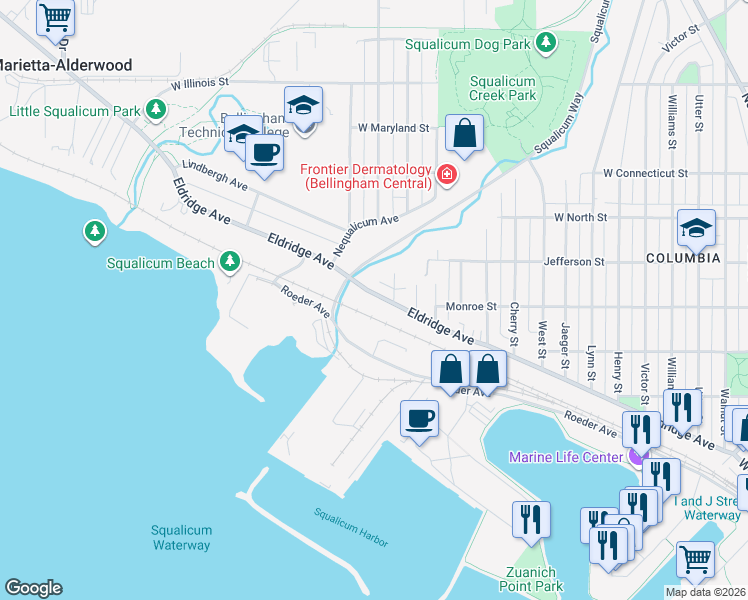 map of restaurants, bars, coffee shops, grocery stores, and more near 2807 Eldridge Avenue in Bellingham