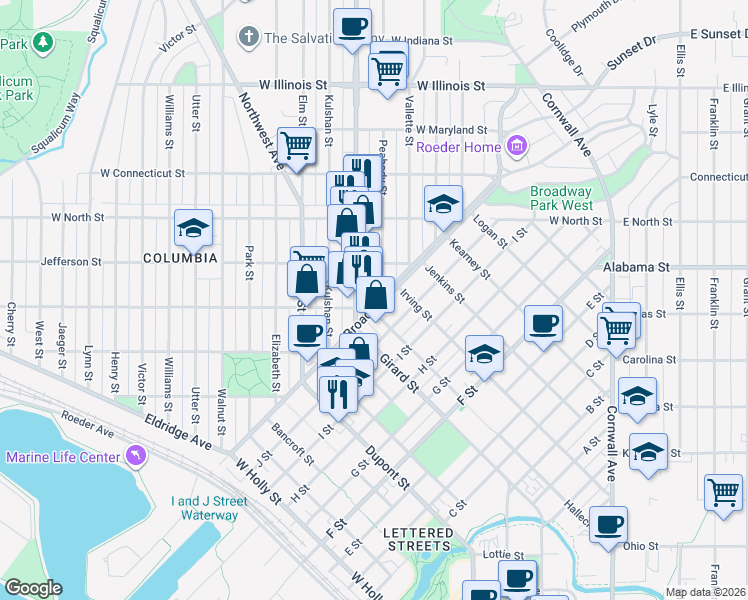 map of restaurants, bars, coffee shops, grocery stores, and more near 2400 Meridian Street in Bellingham