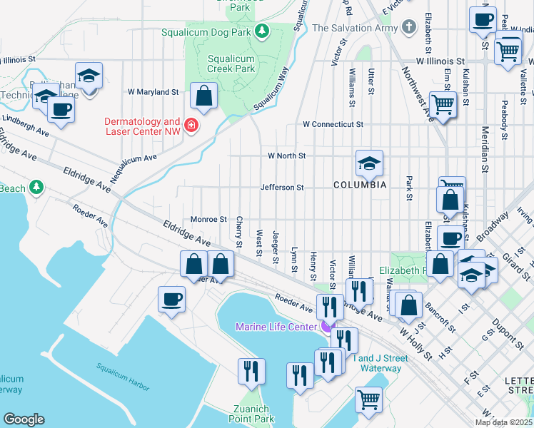 map of restaurants, bars, coffee shops, grocery stores, and more near 2208 Monroe Street in Bellingham