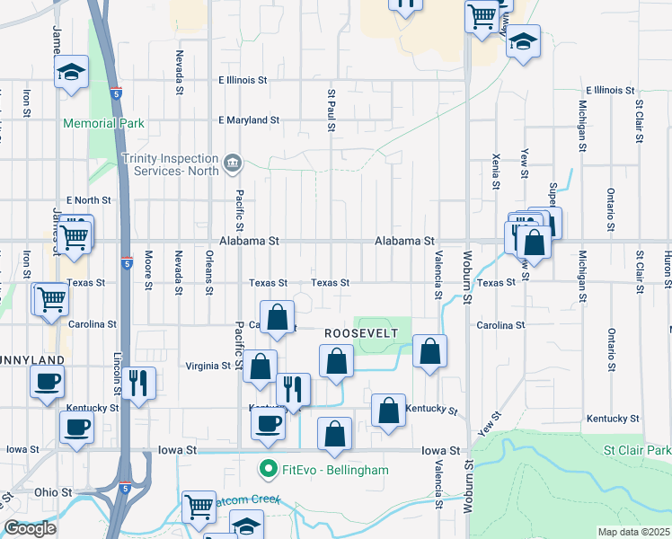 map of restaurants, bars, coffee shops, grocery stores, and more near 2408 Saint Paul Street in Bellingham