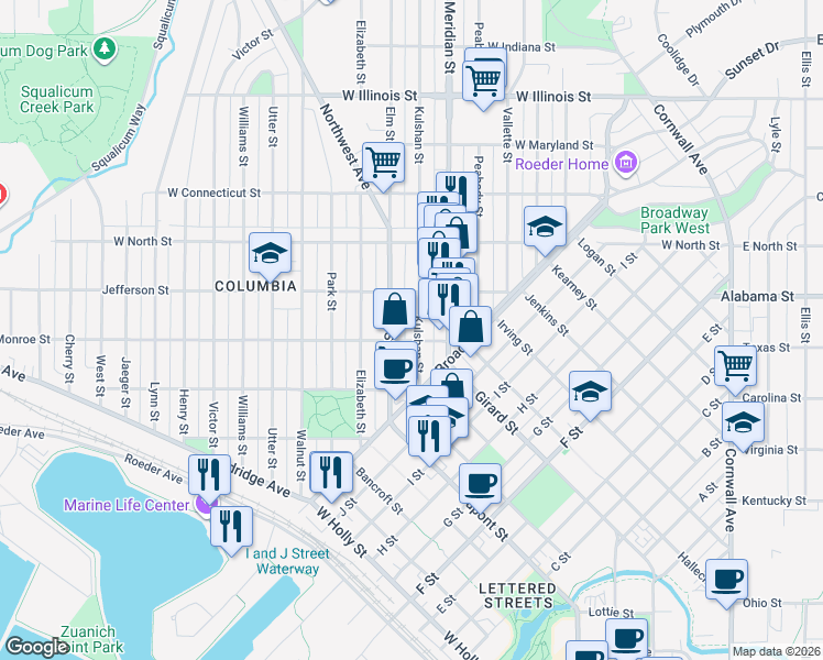 map of restaurants, bars, coffee shops, grocery stores, and more near 1112 Monroe Street in Bellingham