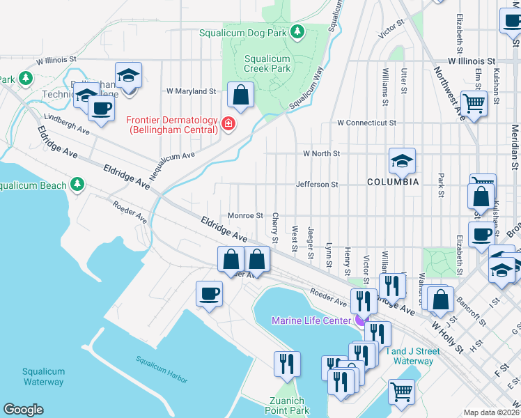map of restaurants, bars, coffee shops, grocery stores, and more near 2400 Keesling Street in Bellingham