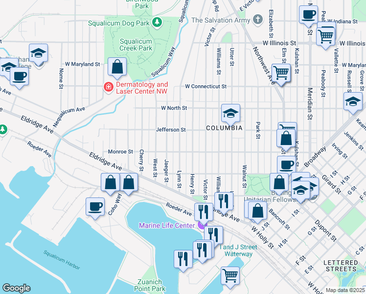 map of restaurants, bars, coffee shops, grocery stores, and more near 2010 Monroe Street in Bellingham