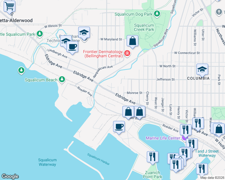 map of restaurants, bars, coffee shops, grocery stores, and more near 2807 Eldridge Avenue in Bellingham