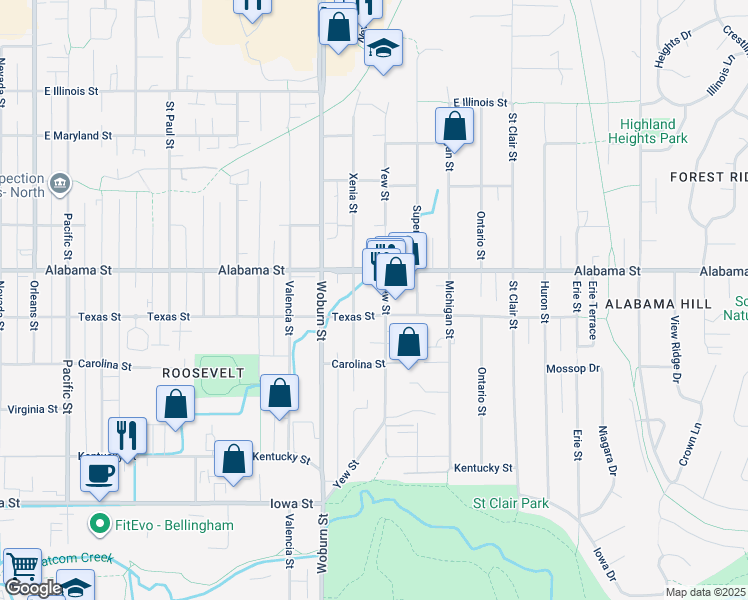 map of restaurants, bars, coffee shops, grocery stores, and more near 2410 Xenia Street in Bellingham
