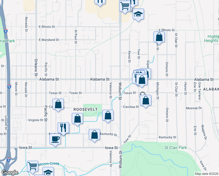 map of restaurants, bars, coffee shops, grocery stores, and more near 2021 Texas Street in Bellingham
