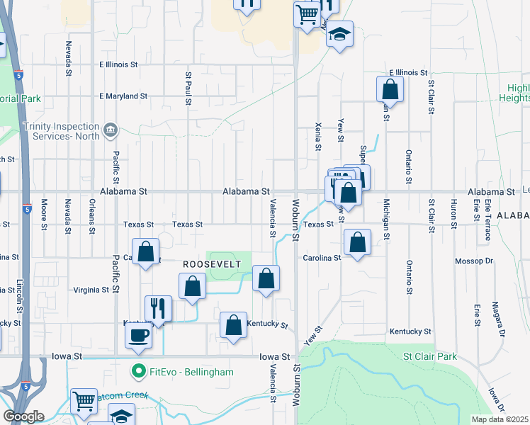 map of restaurants, bars, coffee shops, grocery stores, and more near 2021 Texas Street in Bellingham