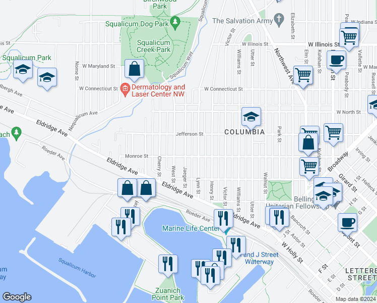 map of restaurants, bars, coffee shops, grocery stores, and more near 2208 Monroe Street in Bellingham