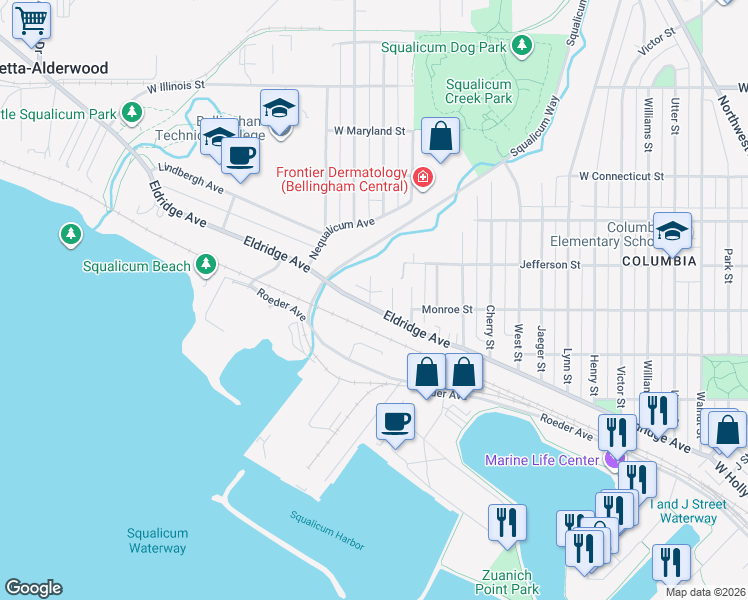 map of restaurants, bars, coffee shops, grocery stores, and more near 2807 Eldridge Avenue in Bellingham