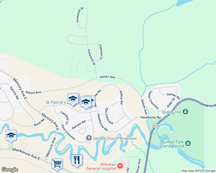 map of restaurants, bars, coffee shops, grocery stores, and more near 110 Willow Road in Atikokan
