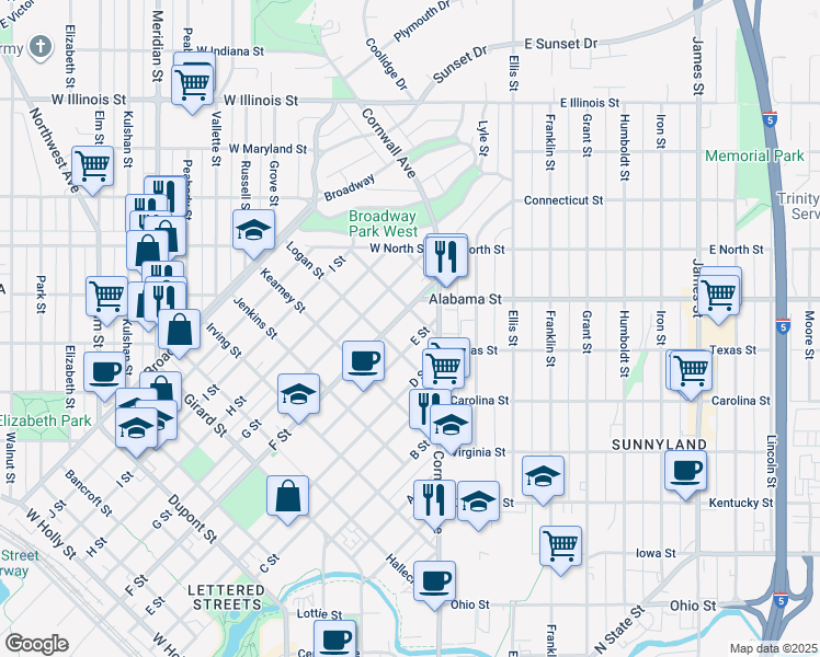map of restaurants, bars, coffee shops, grocery stores, and more near 2501 E Street in Bellingham