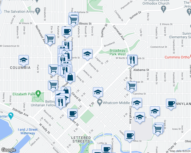 map of restaurants, bars, coffee shops, grocery stores, and more near 2301 H Street in Bellingham