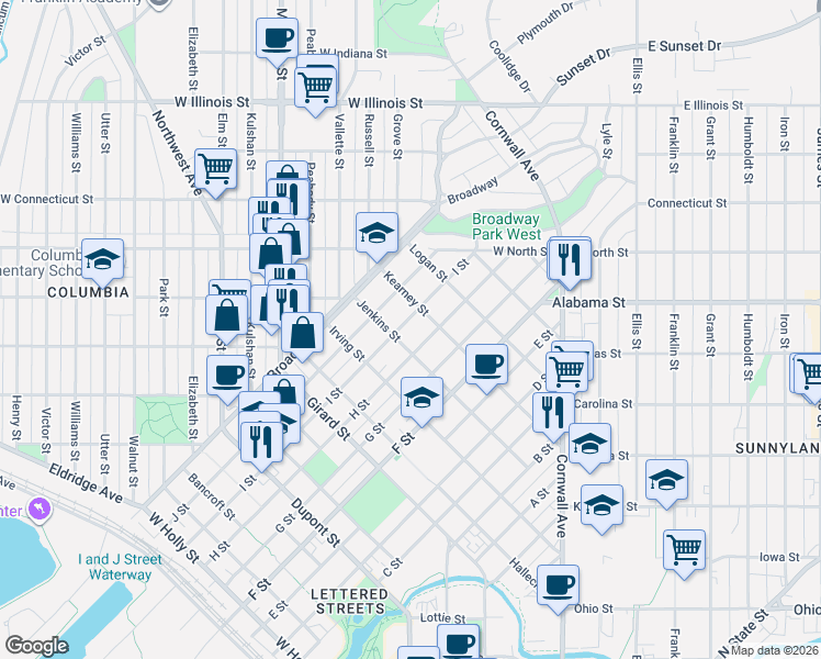 map of restaurants, bars, coffee shops, grocery stores, and more near 2301 H Street in Bellingham