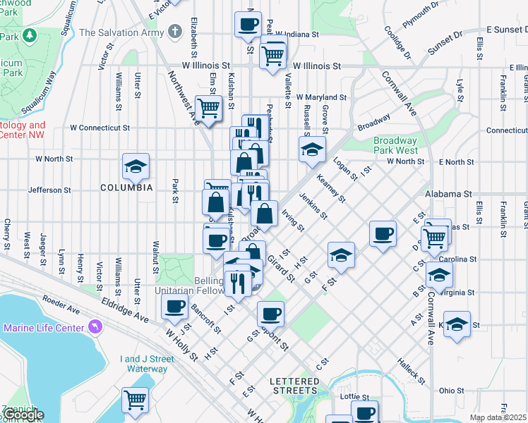 map of restaurants, bars, coffee shops, grocery stores, and more near 2400 Meridian Street in Bellingham