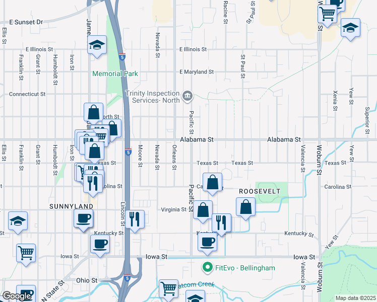 map of restaurants, bars, coffee shops, grocery stores, and more near 2423 Pacific Street in Bellingham