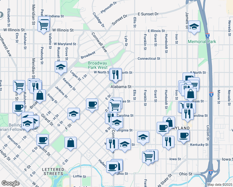 map of restaurants, bars, coffee shops, grocery stores, and more near 2416 Cornwall Avenue in Bellingham