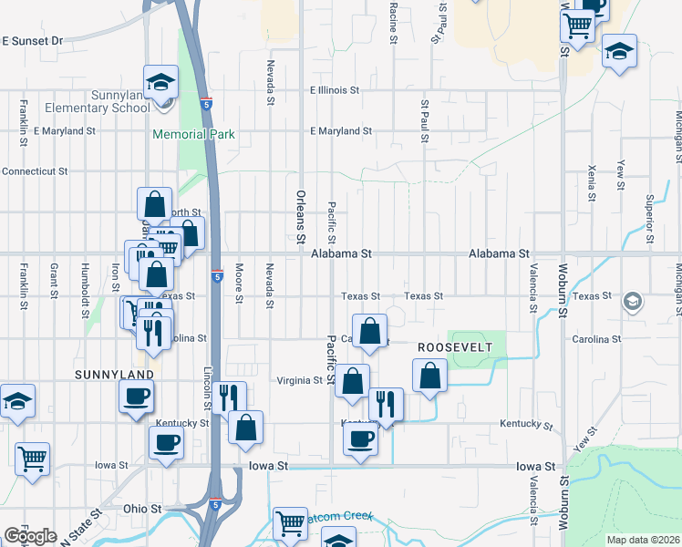 map of restaurants, bars, coffee shops, grocery stores, and more near 1421 Texas Street in Bellingham