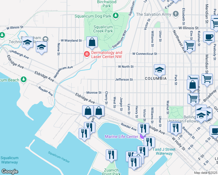 map of restaurants, bars, coffee shops, grocery stores, and more near 2314 Monroe Street in Bellingham