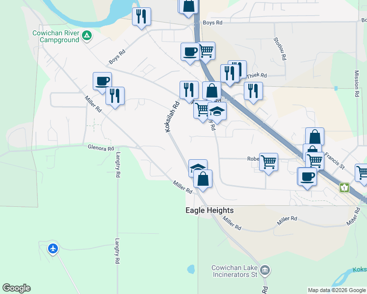 map of restaurants, bars, coffee shops, grocery stores, and more near 5230 Koksilah Road in Duncan