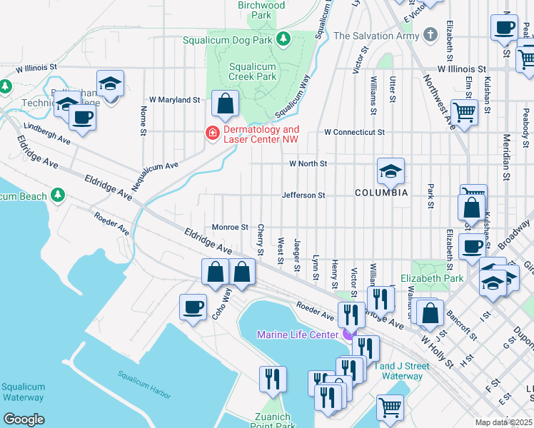 map of restaurants, bars, coffee shops, grocery stores, and more near 2314 Monroe Street in Bellingham