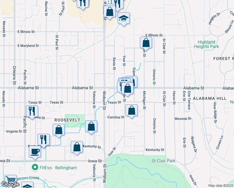 map of restaurants, bars, coffee shops, grocery stores, and more near 2410 Xenia Street in Bellingham