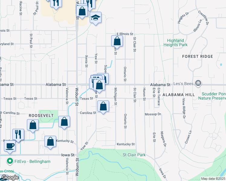 map of restaurants, bars, coffee shops, grocery stores, and more near 2423 Michigan Street in Bellingham