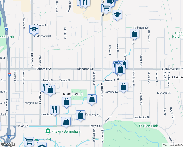 map of restaurants, bars, coffee shops, grocery stores, and more near 2021 Texas Street in Bellingham