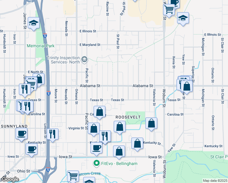 map of restaurants, bars, coffee shops, grocery stores, and more near 1615 Texas Street in Bellingham