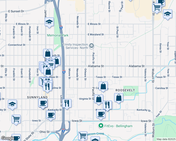 map of restaurants, bars, coffee shops, grocery stores, and more near 1311 Texas Street in Bellingham