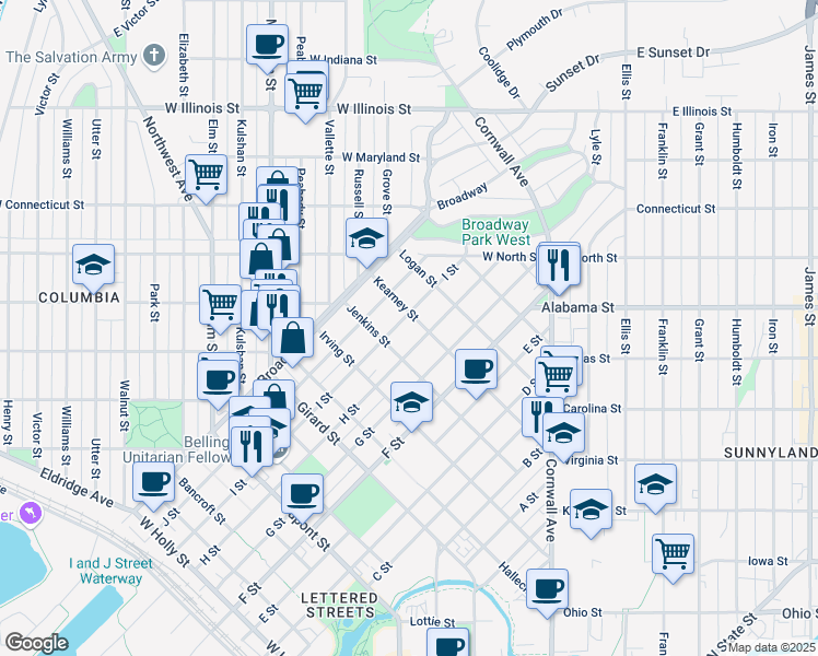 map of restaurants, bars, coffee shops, grocery stores, and more near 2301 H Street in Bellingham