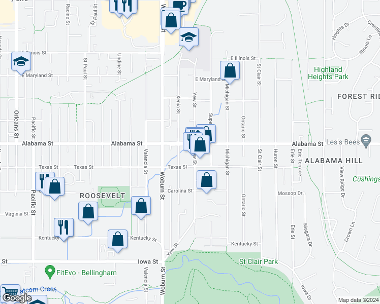 map of restaurants, bars, coffee shops, grocery stores, and more near 2423 Yew Street in Bellingham