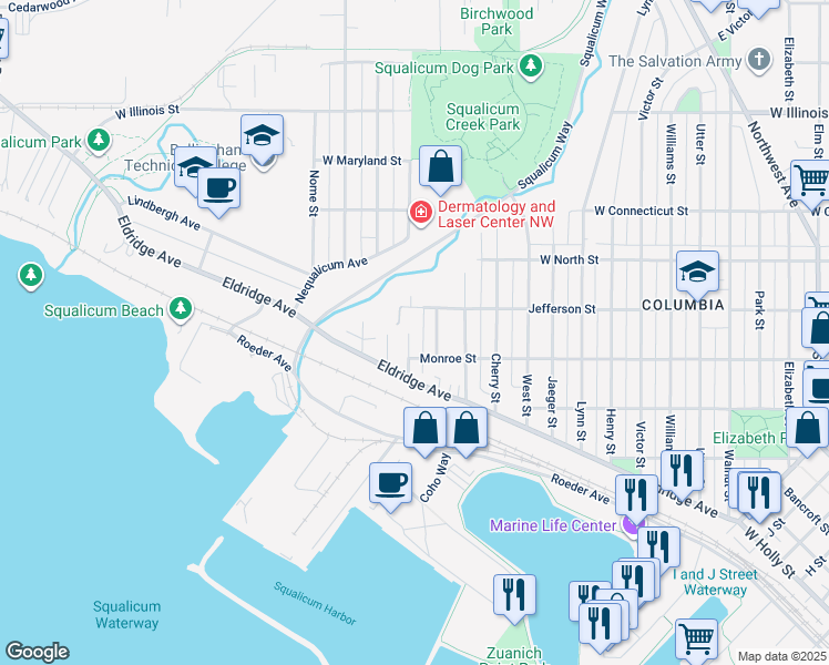 map of restaurants, bars, coffee shops, grocery stores, and more near 2405 Spruce Street in Bellingham
