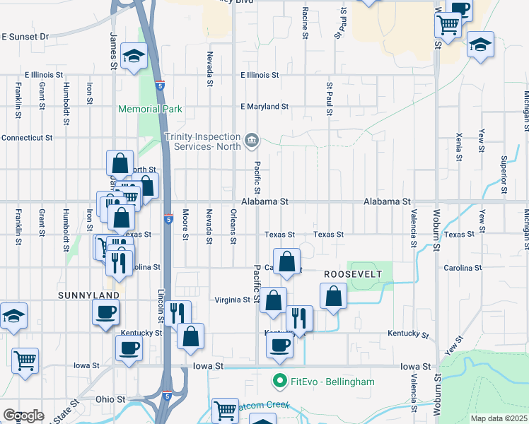 map of restaurants, bars, coffee shops, grocery stores, and more near 1421 Texas Street in Bellingham
