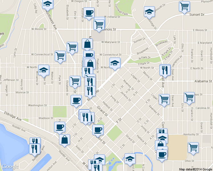 map of restaurants, bars, coffee shops, grocery stores, and more near 2121 J Street in Bellingham
