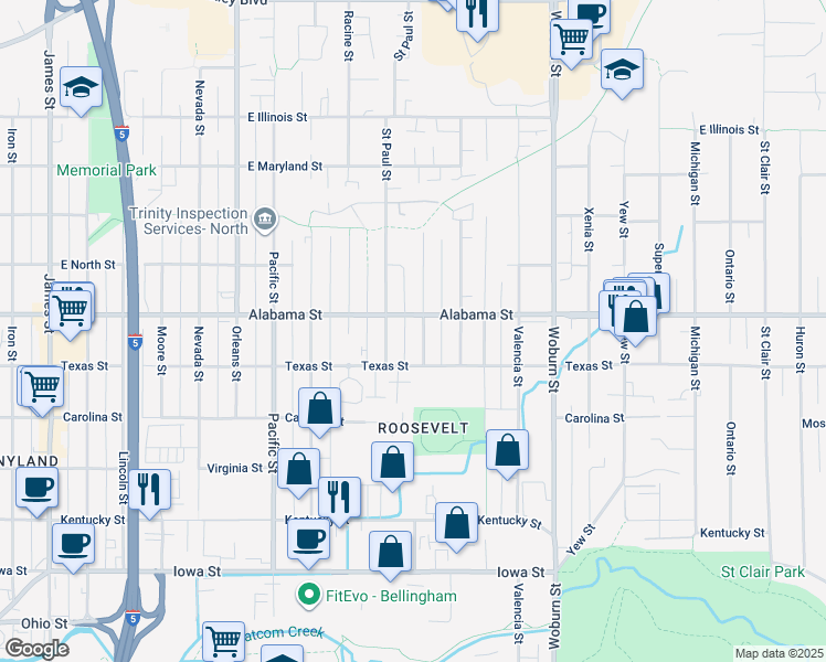 map of restaurants, bars, coffee shops, grocery stores, and more near 1707 Texas Street in Bellingham