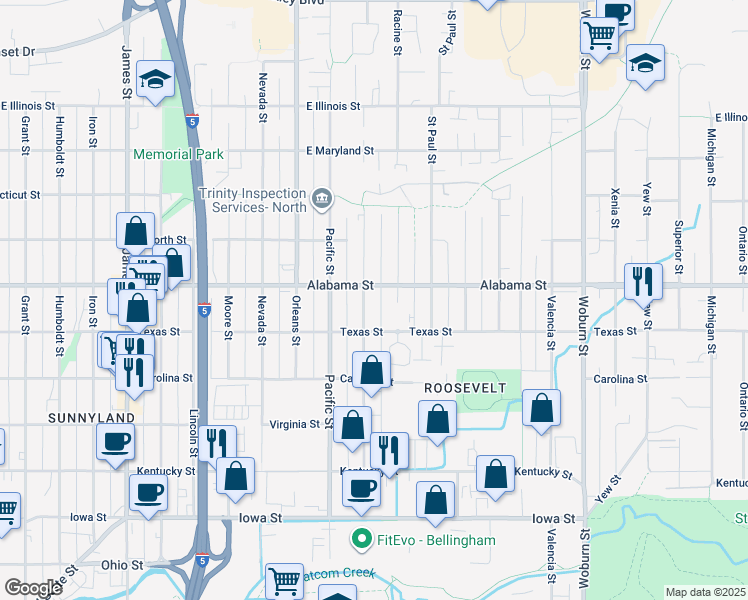 map of restaurants, bars, coffee shops, grocery stores, and more near 2400 Queen Street in Bellingham