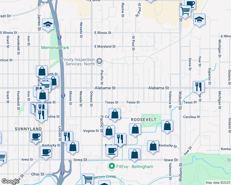 map of restaurants, bars, coffee shops, grocery stores, and more near 2428 Queen Street in Bellingham