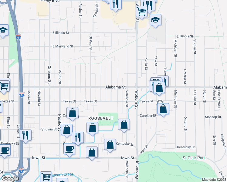 map of restaurants, bars, coffee shops, grocery stores, and more near 1900 Alabama Street in Bellingham