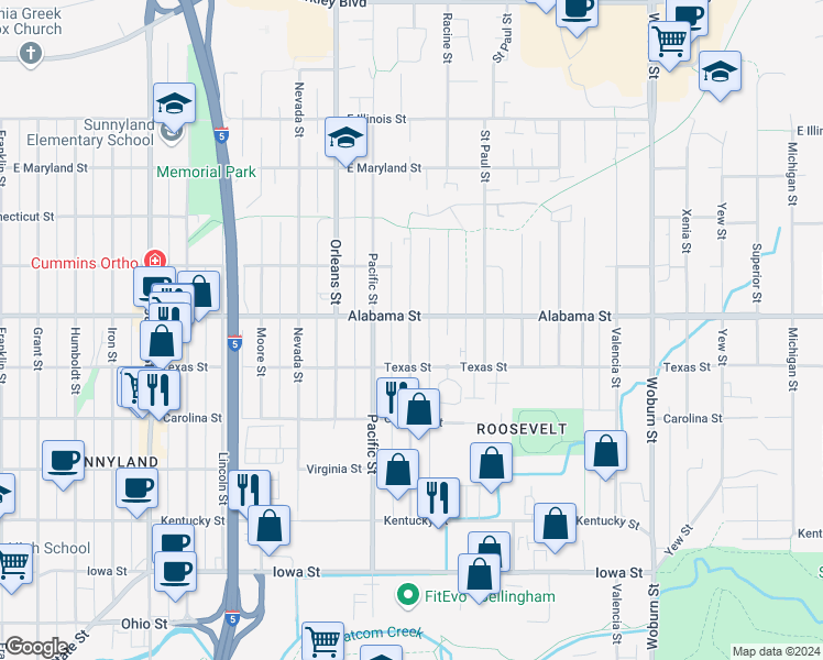 map of restaurants, bars, coffee shops, grocery stores, and more near 2438 Queen Street in Bellingham