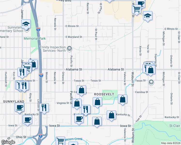map of restaurants, bars, coffee shops, grocery stores, and more near 2424 Racine Street in Bellingham