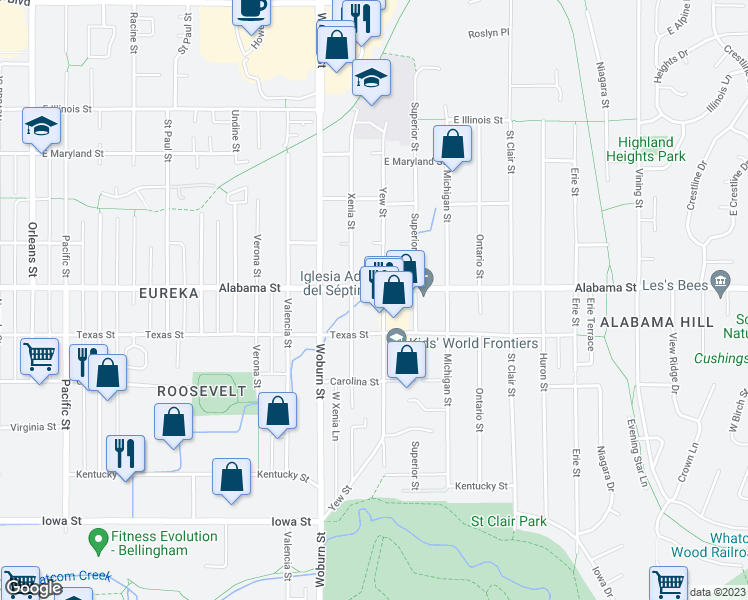 map of restaurants, bars, coffee shops, grocery stores, and more near 2431 Yew Street in Bellingham