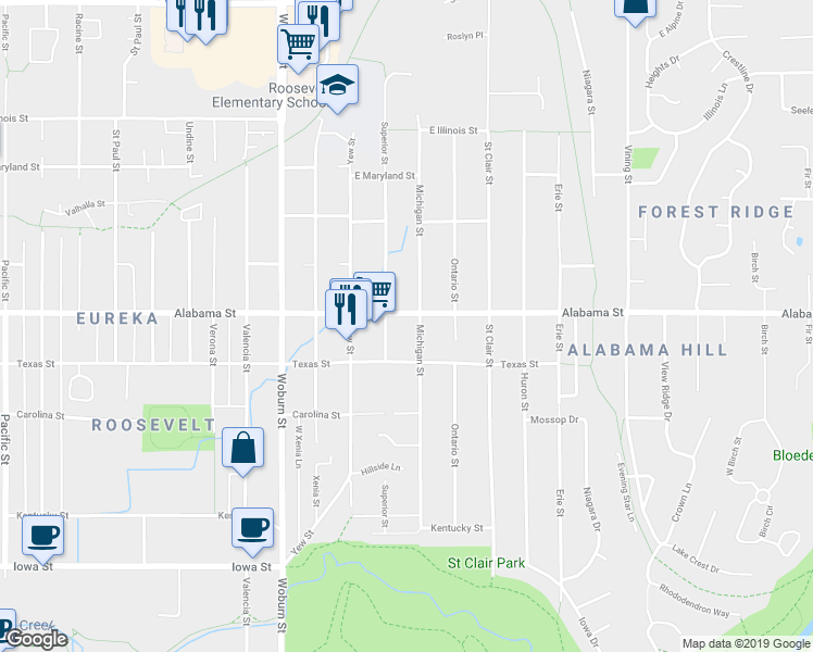 map of restaurants, bars, coffee shops, grocery stores, and more near 2509 Texas Street in Bellingham