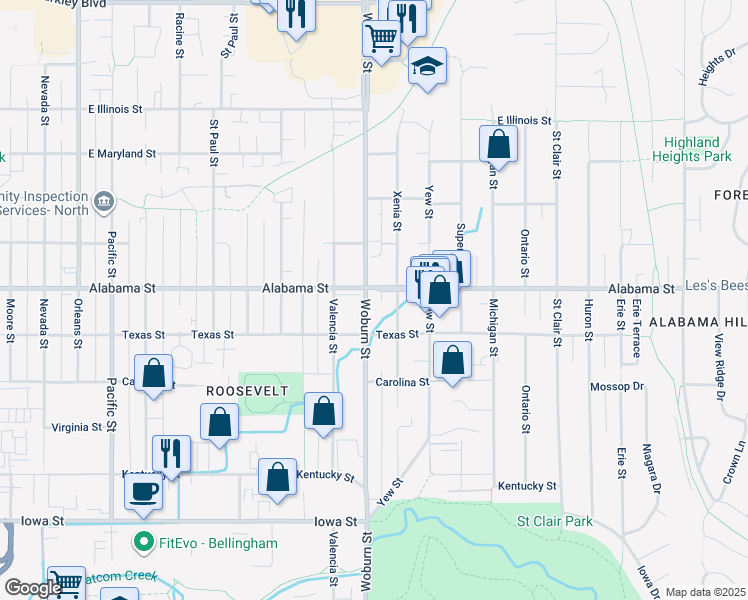 map of restaurants, bars, coffee shops, grocery stores, and more near 2402 Woburn Street in Bellingham