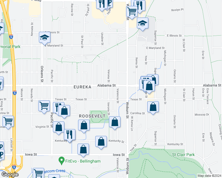 map of restaurants, bars, coffee shops, grocery stores, and more near 2401 Verona Street in Bellingham
