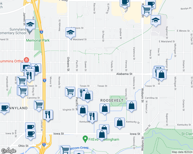 map of restaurants, bars, coffee shops, grocery stores, and more near 2426 Racine Street in Bellingham