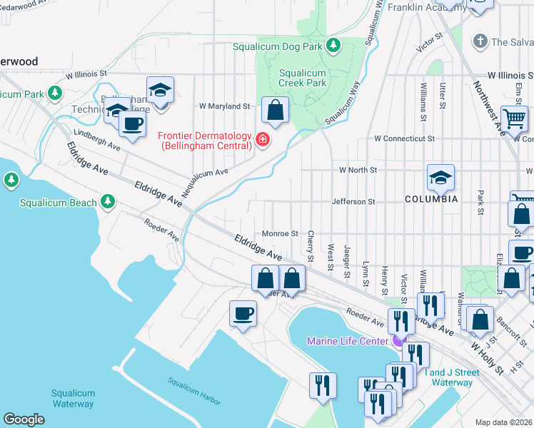 map of restaurants, bars, coffee shops, grocery stores, and more near 2405 Spruce Street in Bellingham