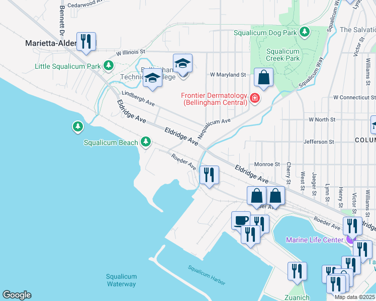 map of restaurants, bars, coffee shops, grocery stores, and more near 2915 Eldridge Avenue in Bellingham